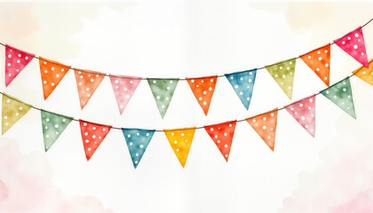 Obraz premium Colorful bunting banner painted with watercolor dots. Vibrant colors, cheerful design. Perfect for celebrating special occasions. Bunting ideal for birthday wedding parties. Artistic illustration