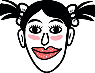 Hand-Drawn Cartoon Face of a Smiling Girl with Pigtails.  Playful Doodle Illustration with Cute Expression