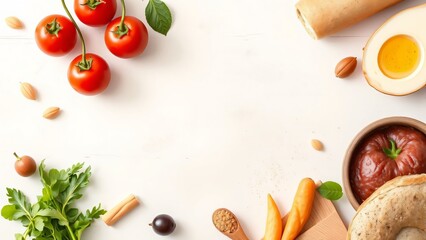 Flat Lay of Fresh Ingredients for a Healthy Meal Tomatoes, Bagel, Carrots, and More