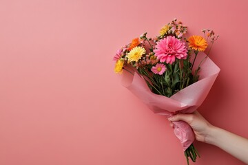 A hand holding a pink paper cone with flowers inside, on a solid background