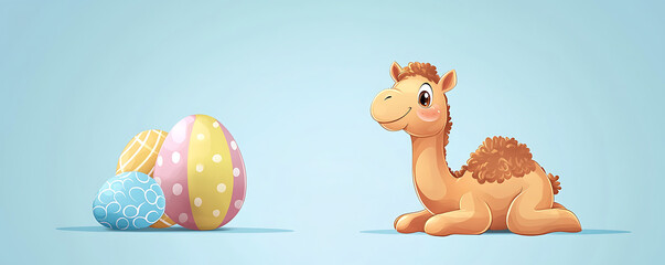 Cute camel with pastel Easter eggs.