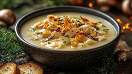 Creamy mushroom soup, festive setting, winter
