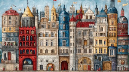 Fototapeta premium Whimsical cityscape of densely packed, colorful buildings with varied architectural styles