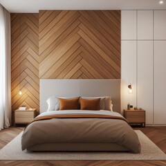 Warm modern bedroom with muted earth tones, geometric patterns, and soft lighting