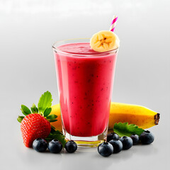 a strawberry shake decorated with strawberries, bananas, and blueberries