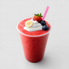 a strawberry shake decorated with strawberries, bananas, and blueberries