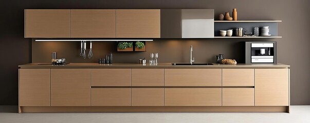 Warm modern kitchen with natural wood cabinetry and taupe walls