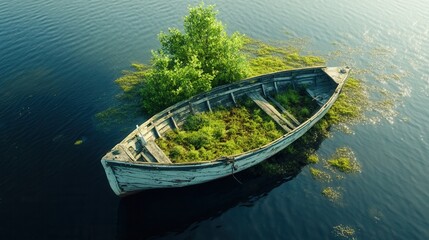 Abandoned Wooden Boat in a Serene Lake