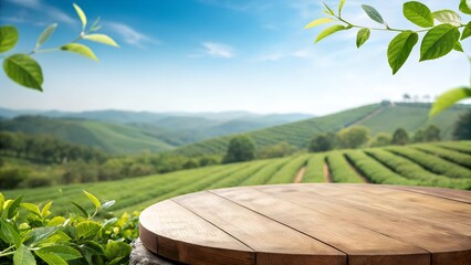 Circle wooden table top with blurred tea plantation landscape against blue sky and blurred green leaf frame Product display concept natural background