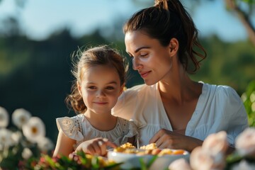 A woman and a little girl are sitting at a table with food in front of them