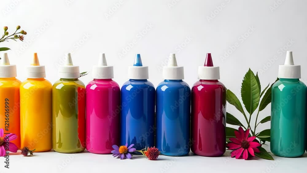 Poster A row of colorful bottles of paint with a white label. The bottles are lined up next to a bunch of flowers