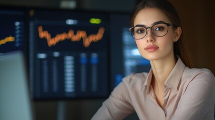 Business professional analyzing data trends office environment portrait modern workspace analytical insight