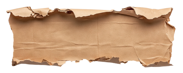 Torn piece of brown kraft paper with rough edges, isolated on transparent cutout background	