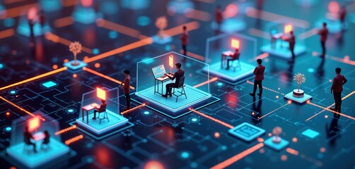 Miniature people work collaboratively on modern tech. Use computers, connected by tech network. Agile tech approach to development shown. Visual represents efficiency, productivity in software