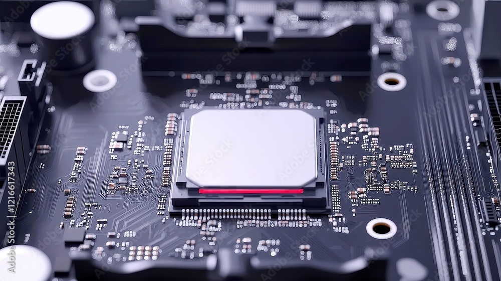 Poster microchip integration on motherboard, showcasing a detailed view of a microchip seamlessly embedded 