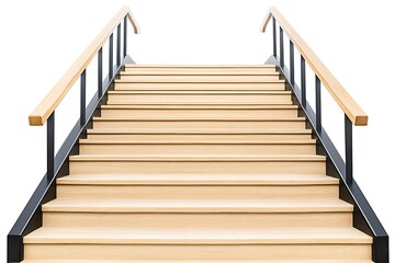 Modern Light Wood Staircase with Black Metal Railings - Isolated on White