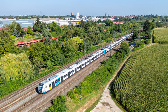 Aerial view of S-Bahn Stuttgart suburban train of Deutsche Bahn DB Regio in Kornwestheim, Germany