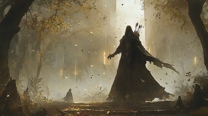 Hooded archer leads figures through autumnal forest, fantasy game art