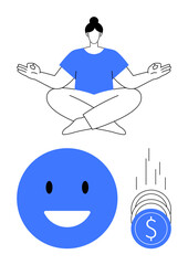 Person meditating in lotus pose, large happy face, falling coins. Ideal for mental health, financial wellness, positive thinking, mindfulness, happiness personal finance prosperity. Line metaphor