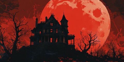 Haunted Mansion Under Blood Red Moon Night Sky
