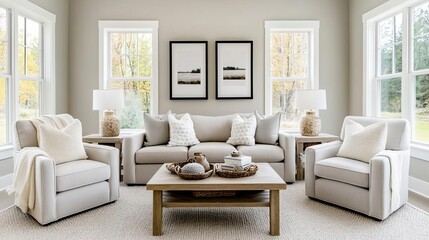 Fototapeta premium Warm-toned living room with neutral walls, natural textures, and soft gray furnishings