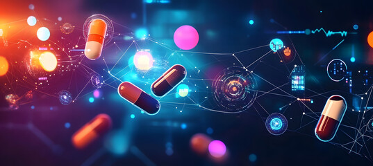 Intelligent pharma analytics powered AI visualized in a detailed vector showing how artificial intelligence analyzes clinical data and market trends to guide drug development