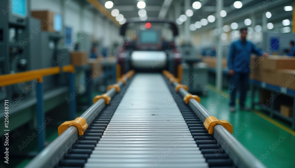 Poster industrial conveyor belt transports goods in a factory setting. machinery operates in the background