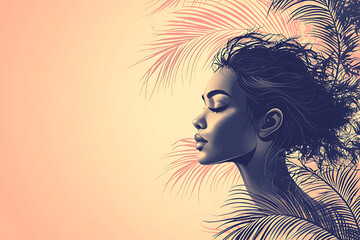 Serene woman's profile, eyes closed, framed by tropical leaves, soft sunset hues.