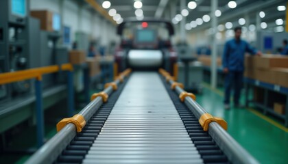 Obraz premium Industrial conveyor belt transports goods in a factory setting. Machinery operates in the background. Workers are monitoring the process. Minimalist design highlights the manufacturing flow.