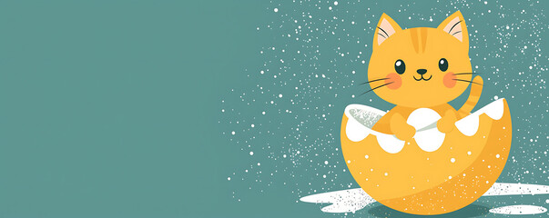 Ginger kitten hatching from giant egg, snowy background.