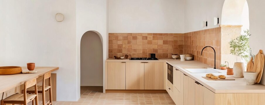 Warm-toned modern kitchen with terracotta tiles and light wood finishes