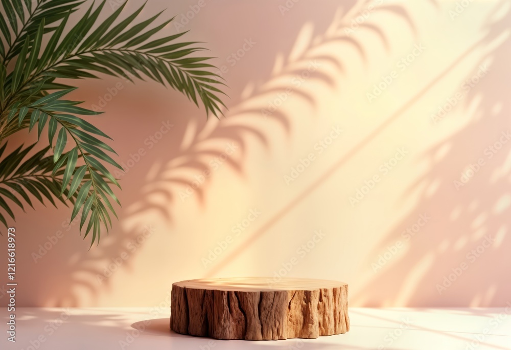 Aufkleber empty wooden pedestal podium sits against backdrop of pink palm leaf shadow on beige wall. natural l