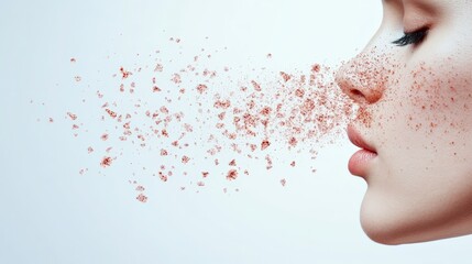 Profile of a woman exhaling small particles of makeup powder suggesting a beauty treatment or rhinoplasty surgery, symbolizing transformation and self improvement through cosmetic procedures © olga_demina