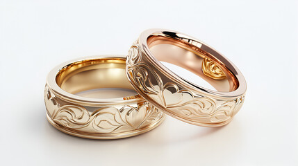 A pair of realistic wedding bands, one gold and one rose gold, each engraved with delicate heart patterns and set on a clean white background