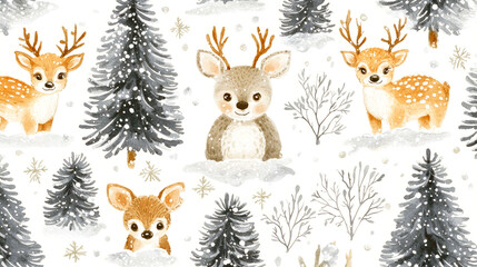 Adorable Reindeer in Winter Wonderland: A Watercolor Christmas Pattern