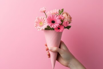 A hand holding a pink paper cone with flowers inside, on a solid background