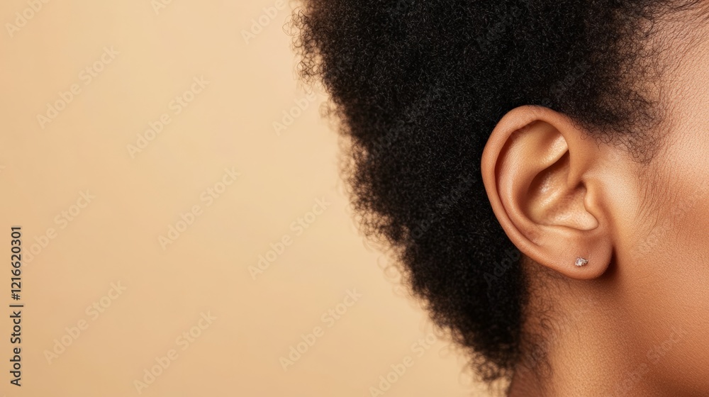 Poster close up view of a healthy ear adorned with a small, elegant earring, emphasizing the importance of 