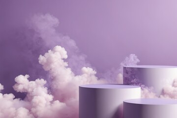 Three white podiums with surrounding purple smoke
