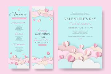 Happy Valentine's Day Vertical Menu and Invitation Card with Paper Cut Hearts and Cloud. Holiday bright greeting cards, love creative concept, gift voucher, invitation. Modern Poster with Trendy Fonts