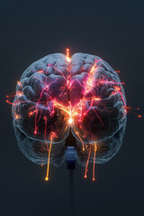 A creative digital artwork of a brain overwhelmed with tangled wires and sparks, symbolizing mental exhaustion and cognitive overload,