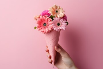 A hand holding a pink paper cone with flowers inside, on a solid background