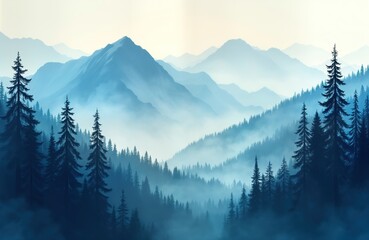 Misty forest landscape shows tall trees in foreground. Blue misty mountains in background. Peaceful scene evokes calmness, serenity. Scenic view ideal for nature wallpaper poster. Perfect for travel,