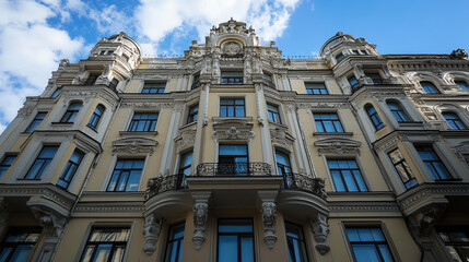 Obraz premium harmony of european art nouveau architecture with ornate building facade showcasing architectural detailing in historic city setting