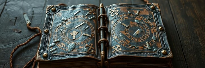 Obraz premium Ancient tome bound in cracked leather and adorned with strange symbols that seem to shift and writhe like living things, eerie atmosphere, mysterious ritual
