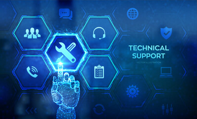 Technical support. Customer help. Tech support. Customer service, Business and technology concept. 24 hours servises. 24-7 support. Wireframe hand touching digital interface. Vector illustration.
