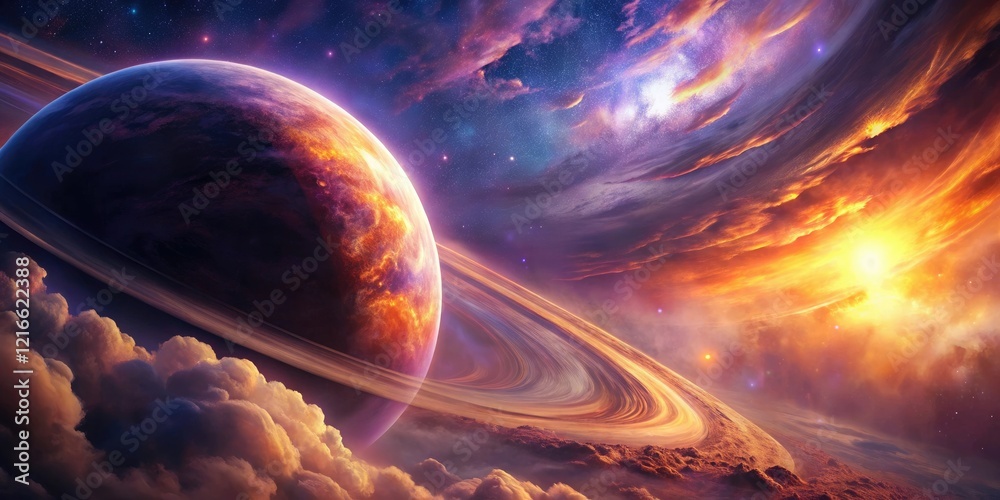 Wall mural an in-depth shot of a distant planet with swirling purple and orange clouds, alien world, cosmic hor