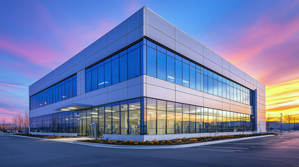 Fototapeta premium Modern Office Building at Sunset: Architectural Photography