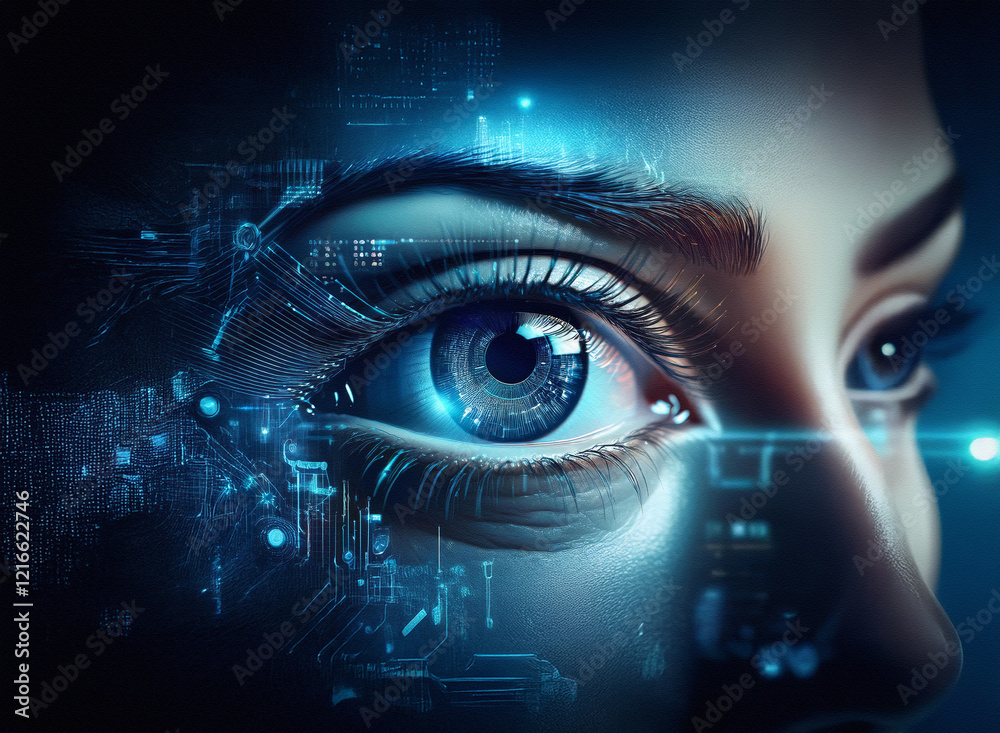 Aufkleber Close-up of a woman's eye, digitally enhanced with glowing circuit patterns on grainy paper texture.  The image evokes themes of technology, futurism, and human augmentation.