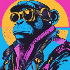 Stylish Chimp in Retro Sunglasses and Jacket, Vibrant 80s Pop Art