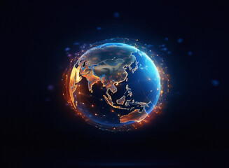 A grainy, textured paper-like globe, rendered in vibrant blue and orange hues, glows with digital energy against a dark backdrop.  The continents are subtly defined within the luminescent network.